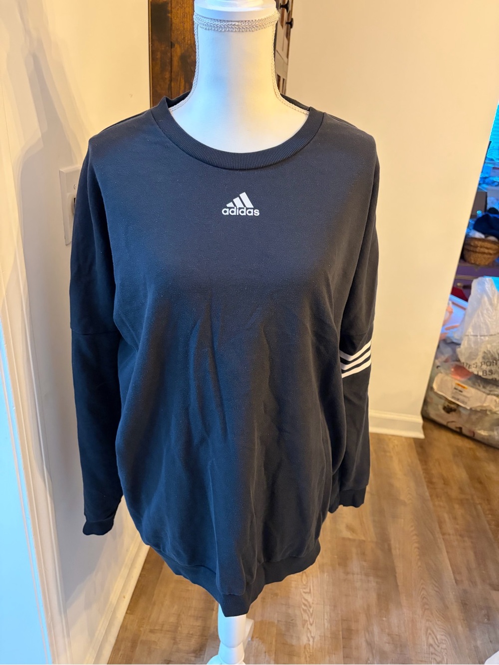 adidas Black Crewneck Sweatshirt with White Logo & Sleeve Stripes